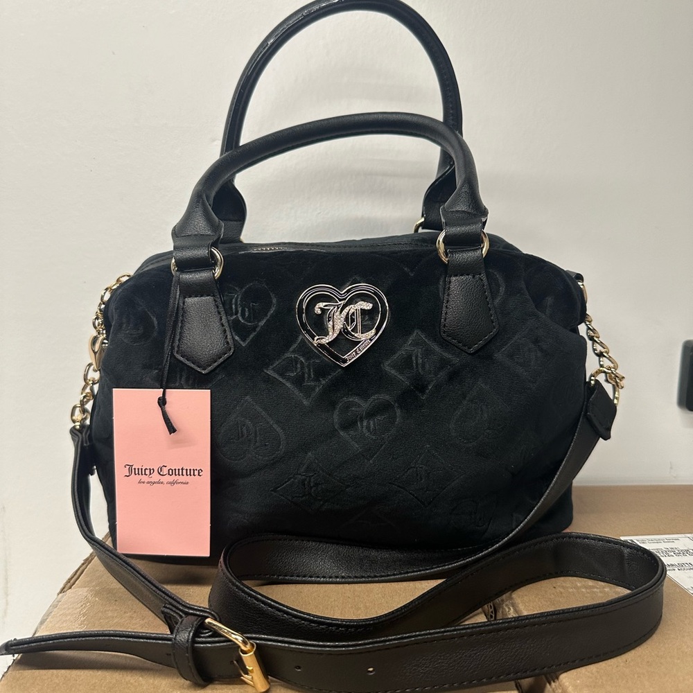 Juicy Couture Glizted Out Velour Logo Satchel Bag Black Liquorice Purse New